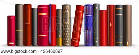 Row Of Books On Shelf In Library, Store, School Or Home. Vector Realistic Illustration Of Literature