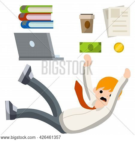Office Problem. Collapse And Bankruptcy. Crisis And Scared Guy. Cartoon Flat Illustration. Work In E