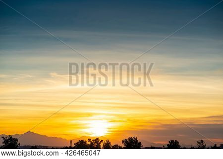 The Phoenix Arizona skyline at sunset near Papago Park