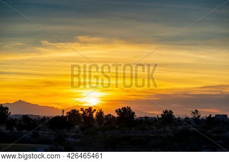 The Phoenix Arizona skyline at sunset near Papago Park