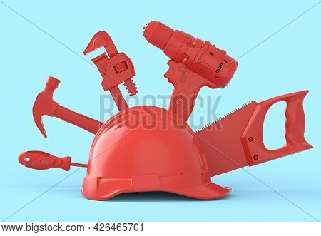 Isometric View Of Monochrome Construction Tools For Repair And Installation On Blue And Redbackgroun