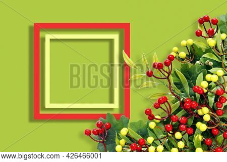 Autumn Oak And Rowan Branches With Red Berries On Green Background.
Flat Lay, Top View, Copy Space C