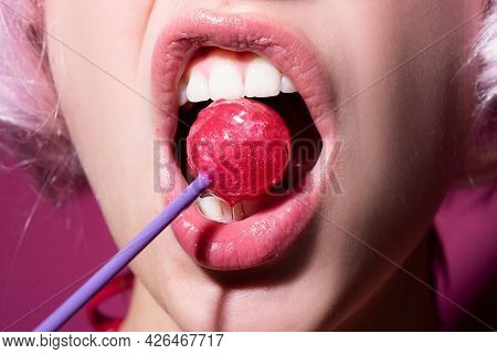 Sexual Lips With Candy, Sexy Sweet Dreams. Female Mouth Licks Chupa Chups, Sucks Lollipop.