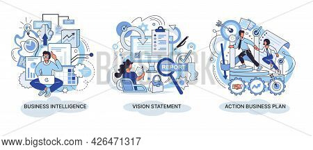 Business Intelligence Action Business Plan. Strategic Planning Automation Process. Mission Rules Vis