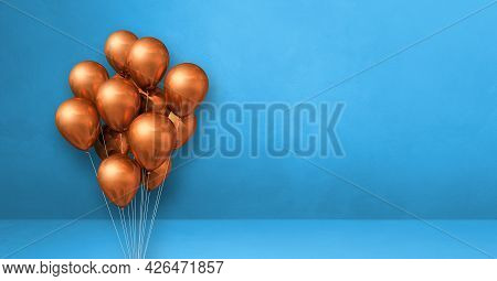 Copper Balloons Bunch On A Blue Wall Background. Horizontal Banner. 3d Illustration Render
