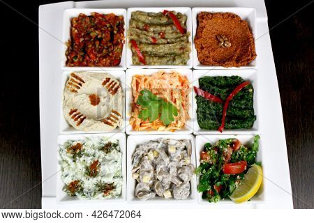 Arabian Turkish Food Plate Close-up, Selection Of Appetizers, Meze Tabagi