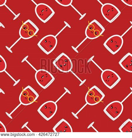 Red Vector Seamless Pattern Background With Cute Cartoon Style Red Wine Glasses Characters.