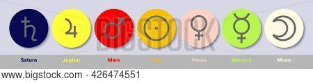 Planet Symbol Set. Vector Color Signs. Astrological Calendar. Saturn, Jupiter, Mars, Sun, Venus, Mer