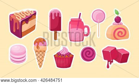 Cake And Ice Cream Stickers. Sweet Piece Of Cake With Cream And Sundae In Cone. Fruit Frosting Cupca