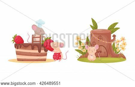 Pair Of Cute Mice Decorating Cake With Strawberry And Sitting Near Stump House Vector Set