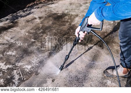 High Pressure Washer Cleaning Backyard Or Driveway Concrete Paving, Diy And Home Improvement