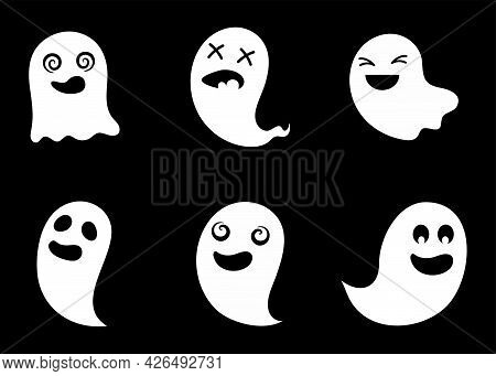 Set Of Cute Ghosts. Scary Ghostly Monsters Design Decoration For Halloween Party. Cartoon Spooky Cha