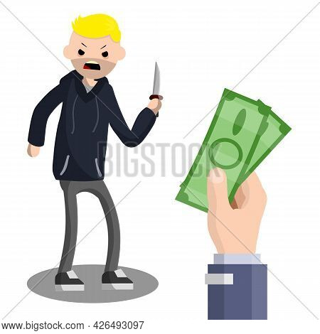 Man With Knife Extorting Money. Hand Holding Green Cash. Problem Of Urban Security. Thief At Work. E
