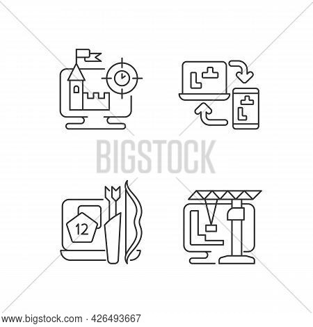 Online Playing Linear Icons Set. Users Have Special Role In Scenario. Intelectual Puzzle Games. Cust