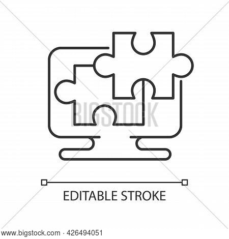 Jigsaw Online Linear Icon. Special Type Of Intelectual Activities. Brain Exercising Games. Thin Line