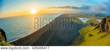 Aeria View Of Dyrholaey Beach Vik Village In Iceland