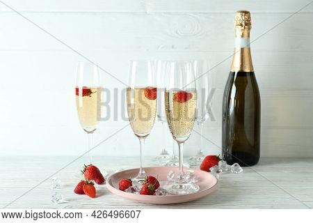 Concept Of Delicious Drink With Rossini Cocktail On White Wooden Table