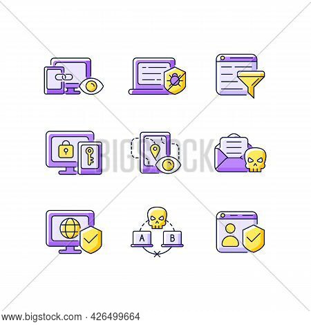 Internet Surveillance Purple Rgb Color Icons Set. Cross-device Tracking. Antivirus Software. Isolate