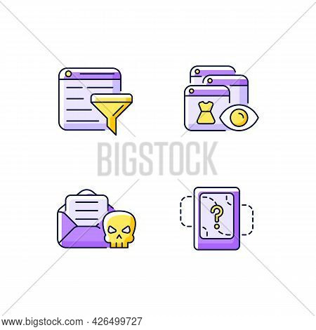 Network Surveillance Purple Rgb Color Icons Set. Filter Bubble. Online Behavioral Tracking. Email Ph
