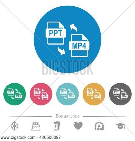 Ppt Mp4 File Conversion Flat White Icons On Round Color Backgrounds. 6 Bonus Icons Included.