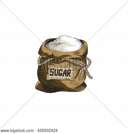 Open Canvas Bag With Cane Or Beet Sugar, Engraving Vector Illustration Isolated.