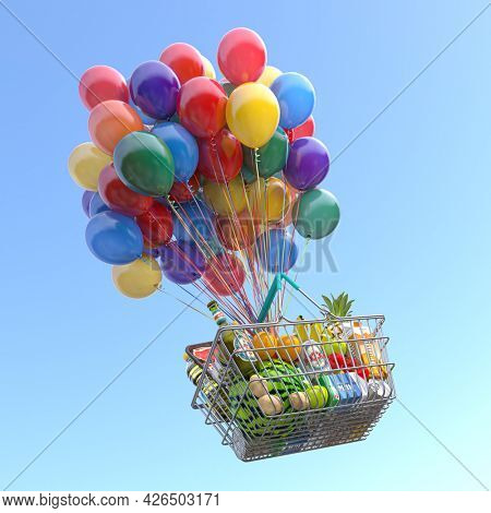 Shopping basket full of food with balloons flying in the sky. Grocery stor opening and food delivery concept. 3d illustration