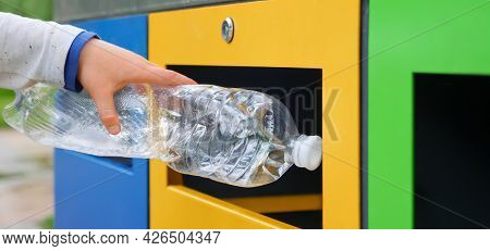 Bin. Child Hand Throwing Plastic Bottle Recycling Container Garbage Sorting Rubbish Collection Bin. 