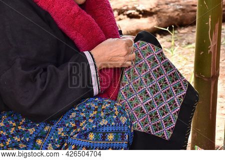Close-up Hand Female Mien Hilltribe Embroider Pattern Colored Thread