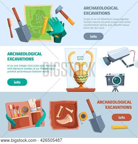 Archaeological Banners. Ancient Tools For History Adventure Education Excavations Finding Various Ar