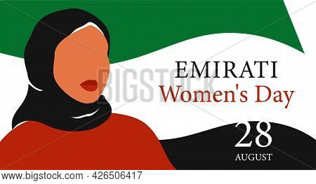 Emirati Women's Day Greeting Card With Young Arab Woman Wearing Black Hijab. Muslim Girl Stands Agai