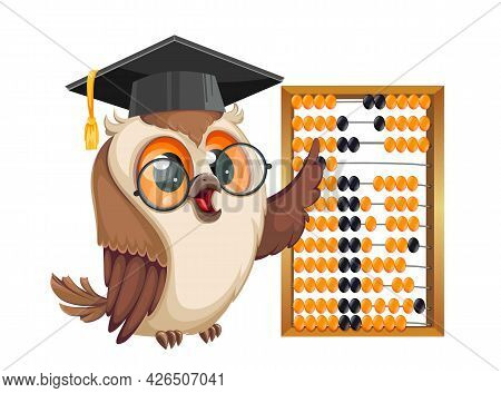 Owl In Graduation Cap Standing Near Abacus. Back To School. Wise Owl Cartoon Character. Stock Vector