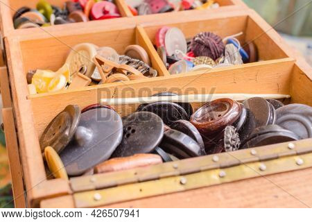Old Box With Old Button Multicolor Like Symbol Of Past And Retro