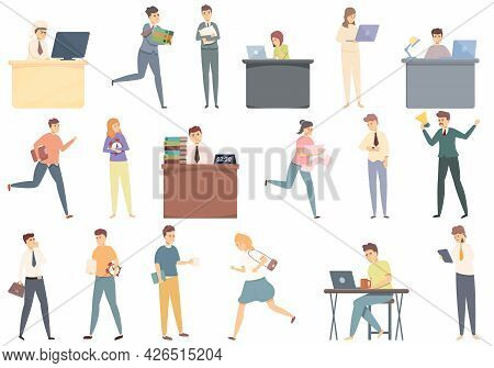 Late Work Icons Set Cartoon Vector. Daily Hour. Morning Time Work