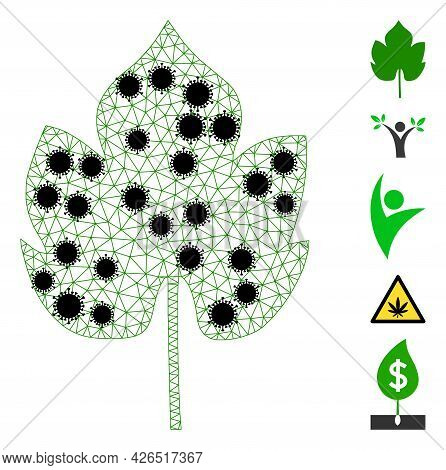 Mesh Grapes Leaf Polygonal Icon Vector Illustration, With Black Coronavirus Nodes. Carcass Model Is 