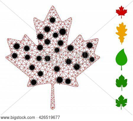 Mesh Maple Leaf Polygonal Symbol Vector Illustration, With Black Coronavirus Centers. Model Is Based