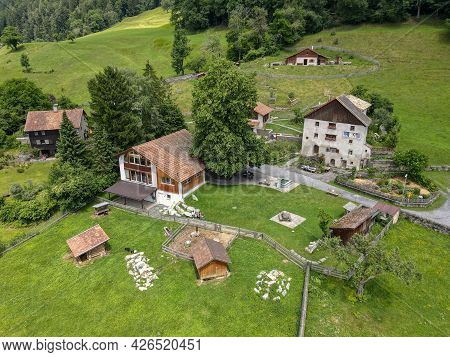 Drone View At The Village Of Heidi Over Maienfeld In The Swiss Alps