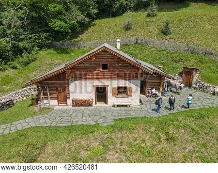 Drone View At The Alp Chalet Of Heidi Village Over Maienfeld In The Swiss Alps