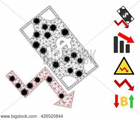 Mesh Dollar Down Trend Polygonal 2d Vector Illustration, With Black Virus Elements. Model Is Created