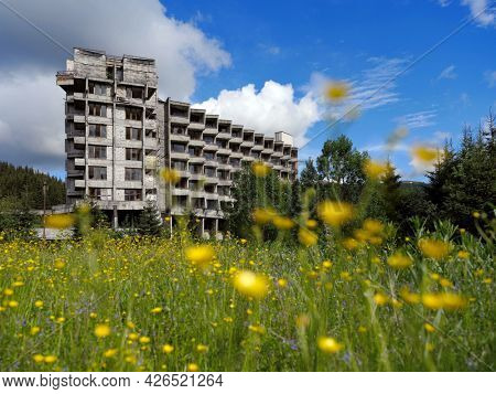 VIDRA RESORT, ROMANIA, 4 JULY, 2021 - Image of an abandonned hotel in Vidra resort, Romania, Europe