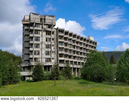 VIDRA RESORT, ROMANIA, 4 JULY, 2021 - Image of an abandonned hotel in Vidra resort, Romania, Europe