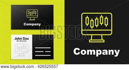Logotype Line Computer With Stocks Market Growth Graphs And Money Icon Isolated On Black Background.