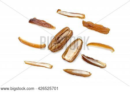 Dry Dates Palm Sliced Isolated On White Background.