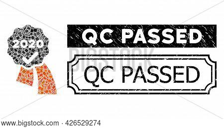 Mosaic 2020 Approve Award Composed Of Rectangle Elements, And Black Grunge Qc Passed Rectangle Badge