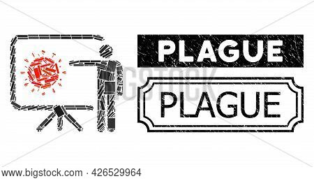 Mosaic Coronavirus Lecture Composed Of Rectangle Items, And Black Grunge Plague Rectangle Seal Stamp
