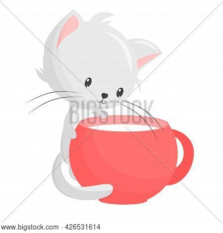 Cute Cartoon Kitten With A Big Cup Of Milk