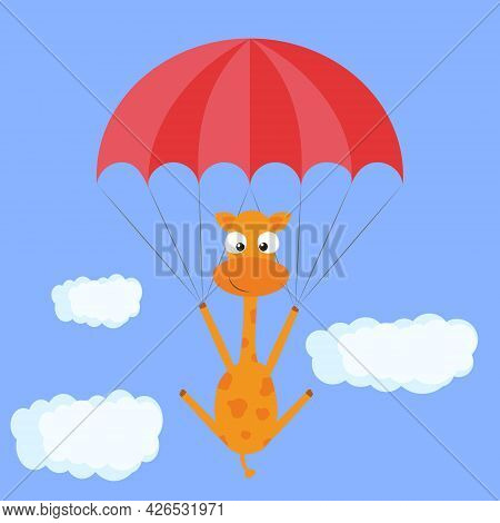 Funny Cute Cartoon Giraffe On Red Parachute.