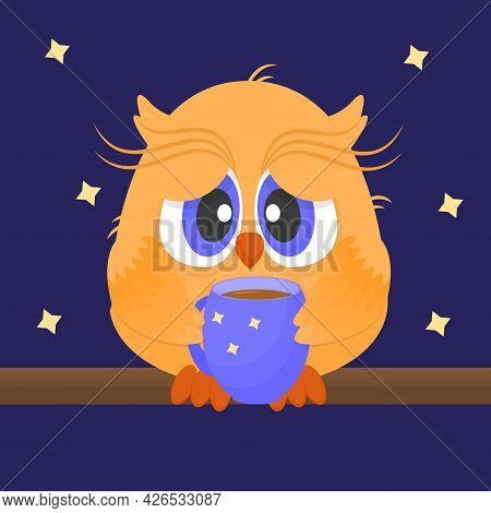 Funny Cute Sleepy Owl With A Cup Of Coffee