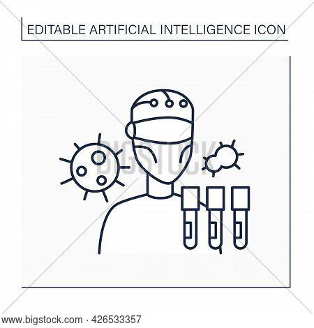 Robot Line Icon. Ai In Medicine. Digital Scientist. Research And Examine Viruses. Ai Diagnostic Conc