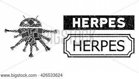 Collage Nanobot Organized From Rectangle Parts, And Black Grunge Herpes Rectangle Seal With Notches.