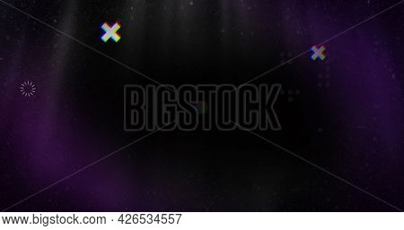 Image of image game screen with white cross markers moving and pointing with rows of white dots on glowing purple and black background. Vintage image gaming concept digitally generated image. 4k